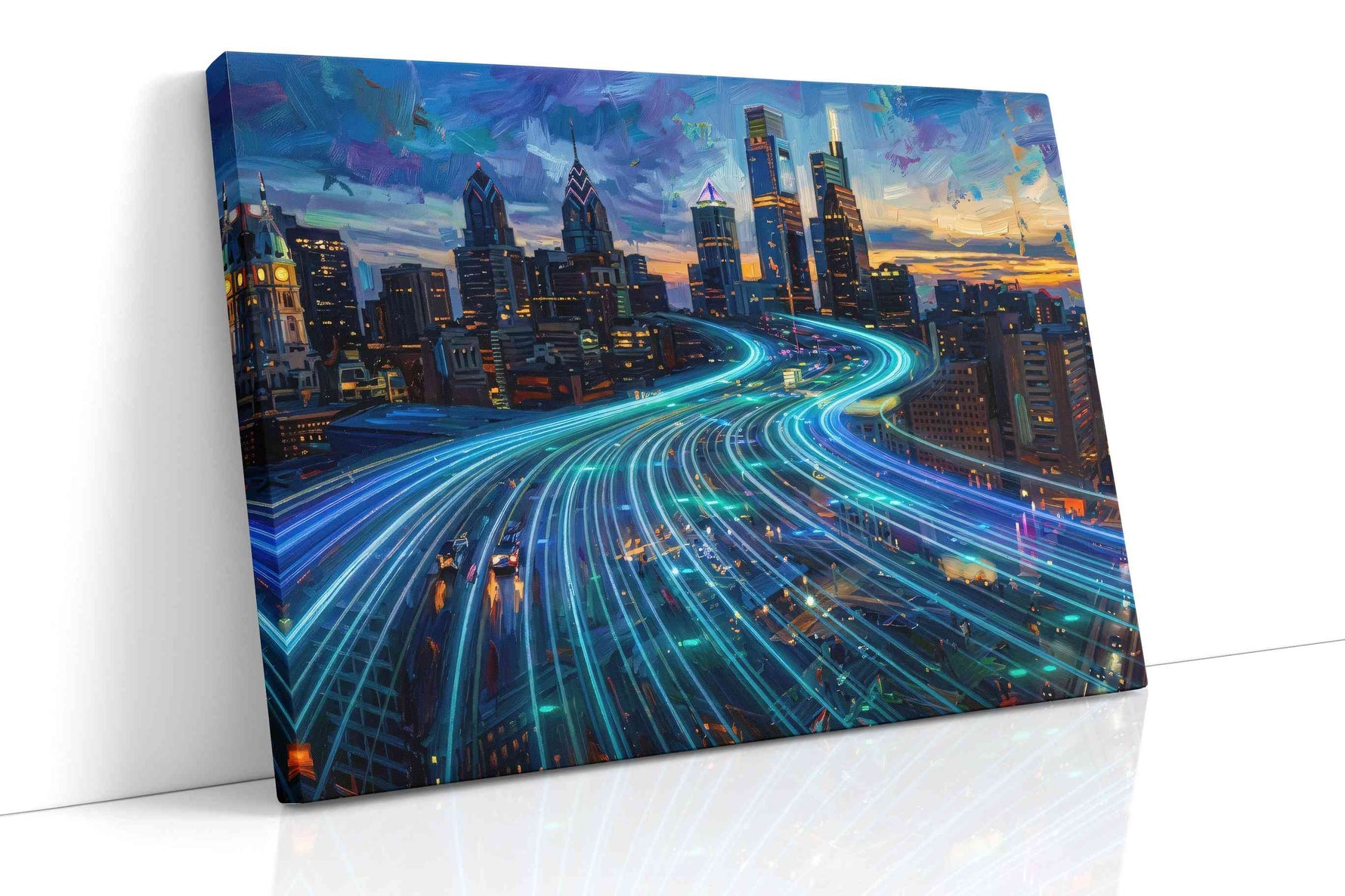 Neon Waves of the Metropolis – urban canvas wall art, gallery-wrapped, ready to hang