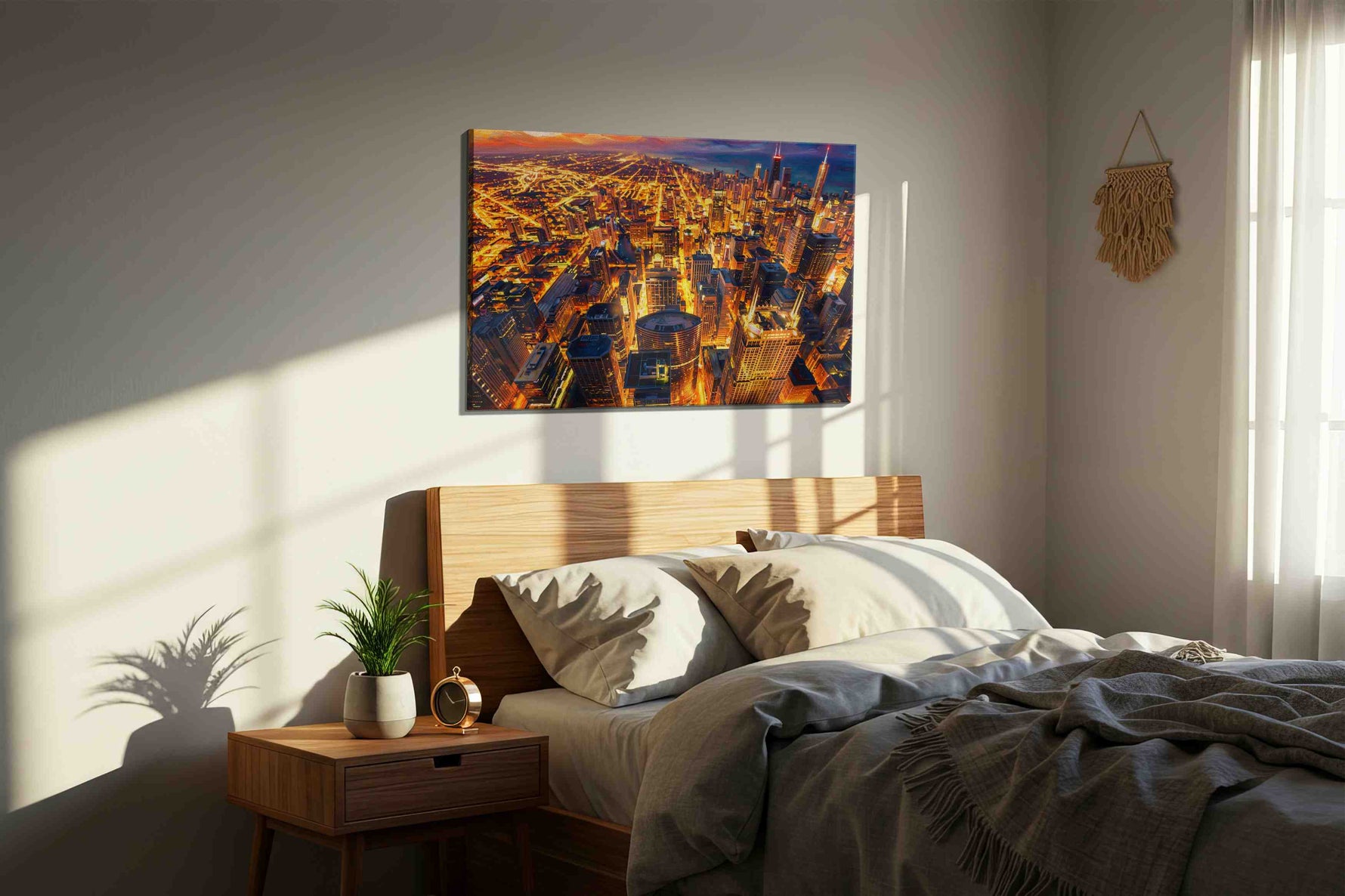 Radiant City Symphony urban canvas print, displayed in a bedroom