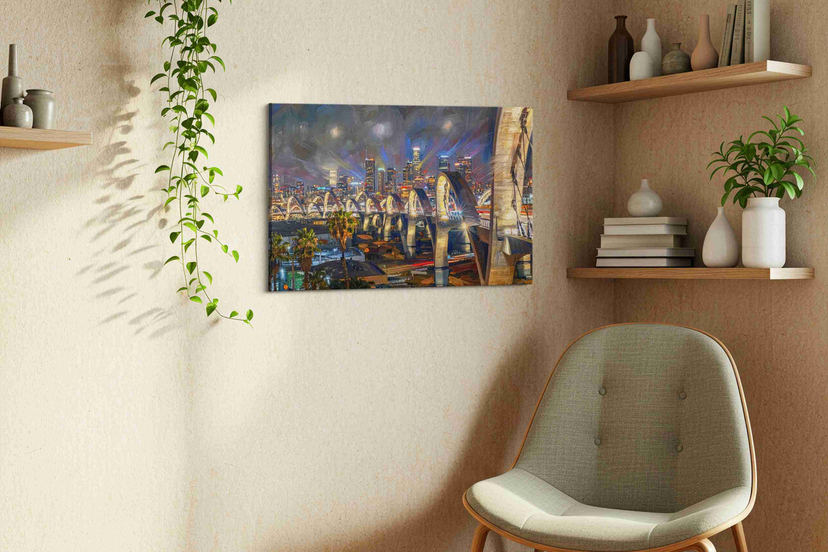 Radiant Cityscape Symphony urban canvas print styled in a living room