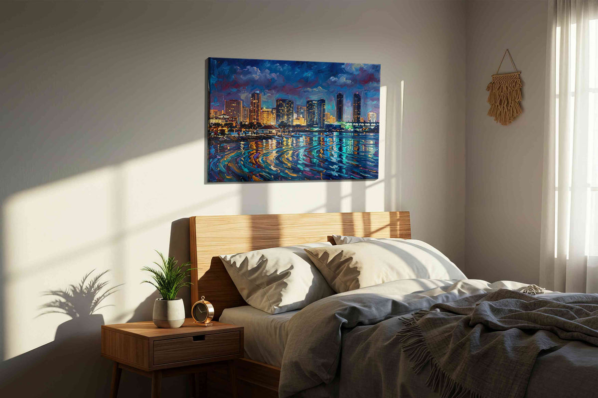 Reflections of a Vibrant City urban canvas print, displayed in a bedroom