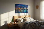 Reflections of a Vibrant City urban canvas print, displayed in a bedroom