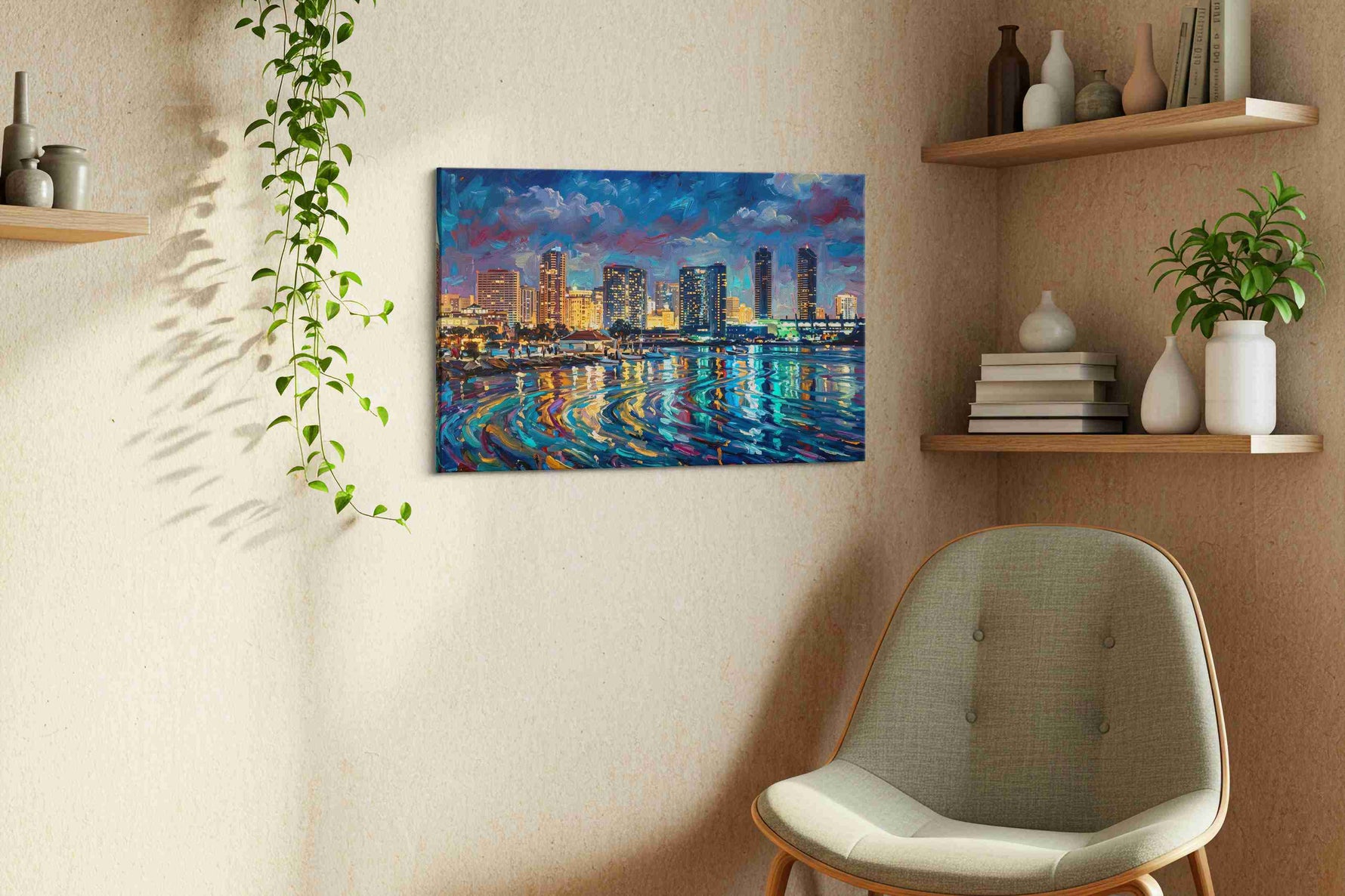 Reflections of a Vibrant City urban canvas print, hanging on wall — view 2