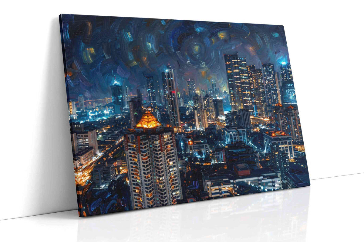Starry Cityscape Symphony urban canvas print, gallery-wrapped, ready to hang