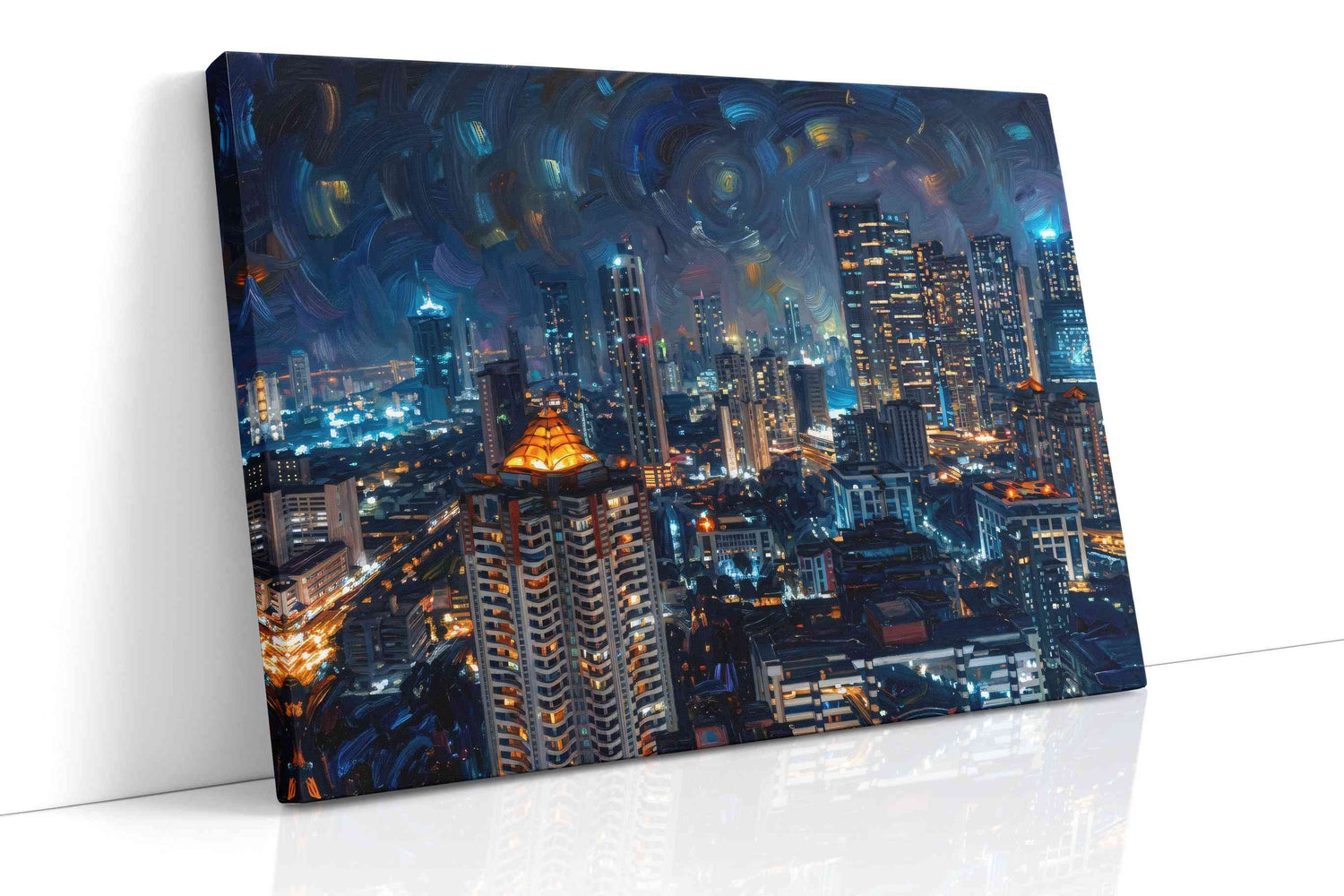 Starry Cityscape Symphony – urban canvas wall art, gallery-wrapped, ready to hang