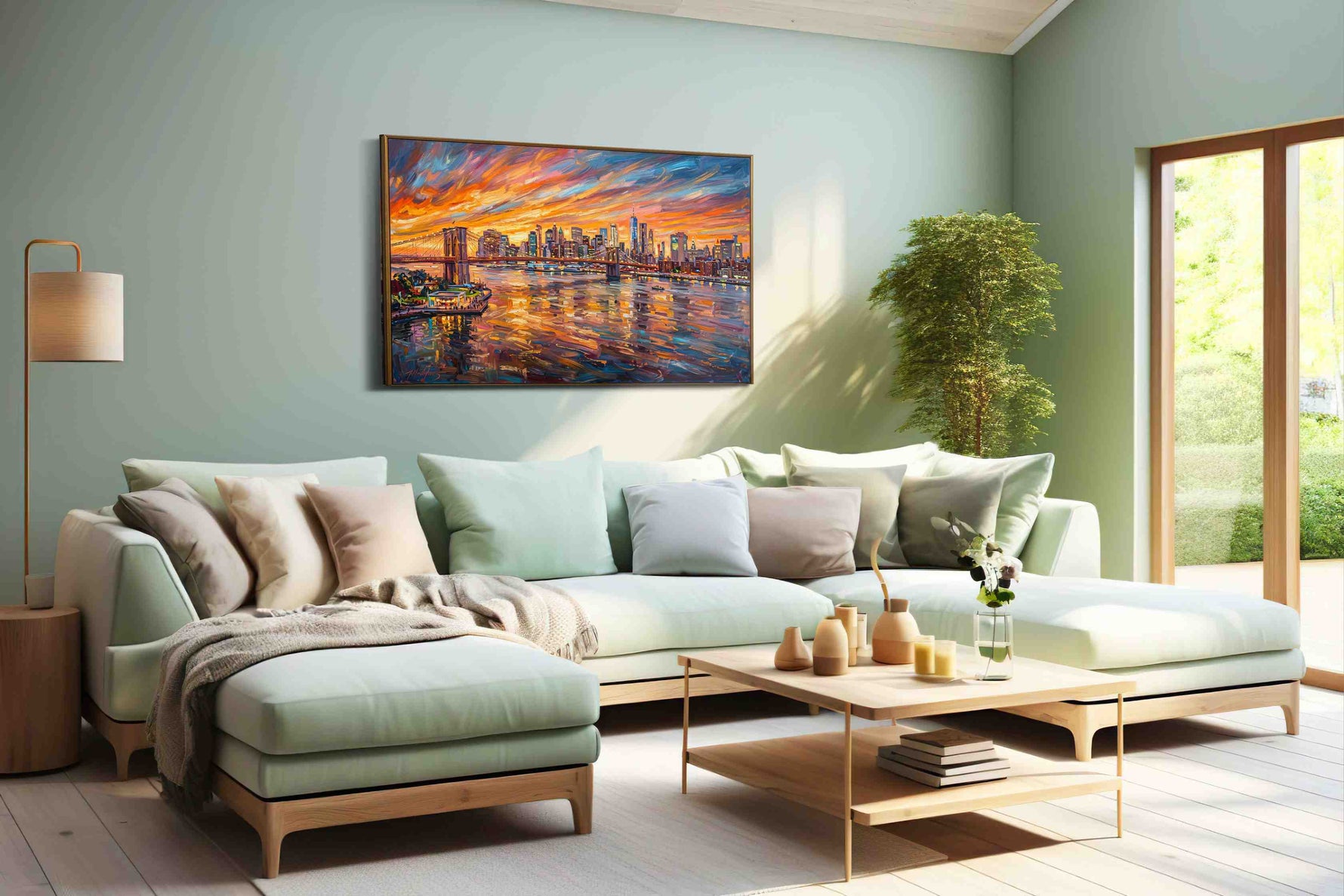 Sunset Symphony Over the City urban canvas print, hanging on wall