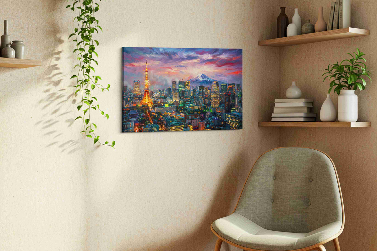 Tokyo Twilight Dreamscape urban canvas print, displayed in a living room