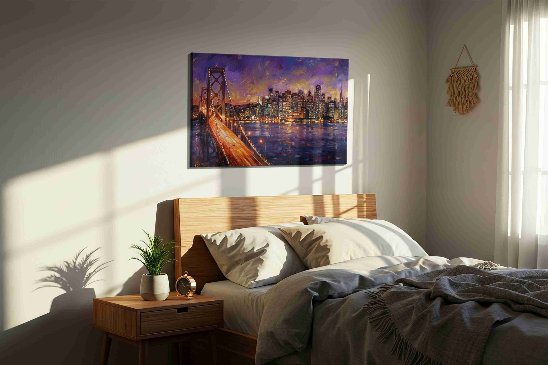 Twilight City Glow urban canvas print, displayed in a bedroom