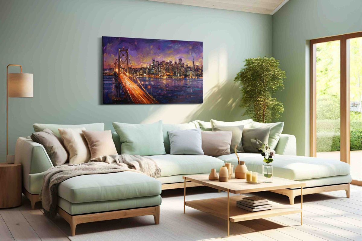 Twilight City Glow urban canvas print, hanging on wall