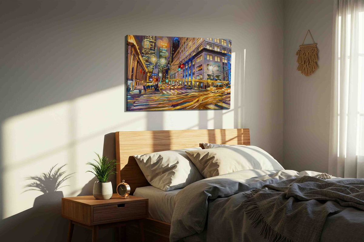 Vibrant City Symphony urban canvas print, displayed in a bedroom