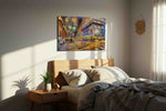 Vibrant City Symphony urban canvas print, displayed in a bedroom