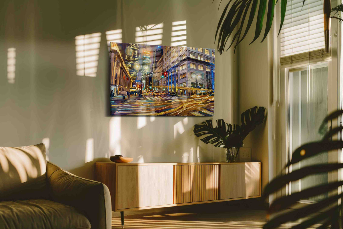 Vibrant City Symphony urban canvas print, on wall, lifestyle preview