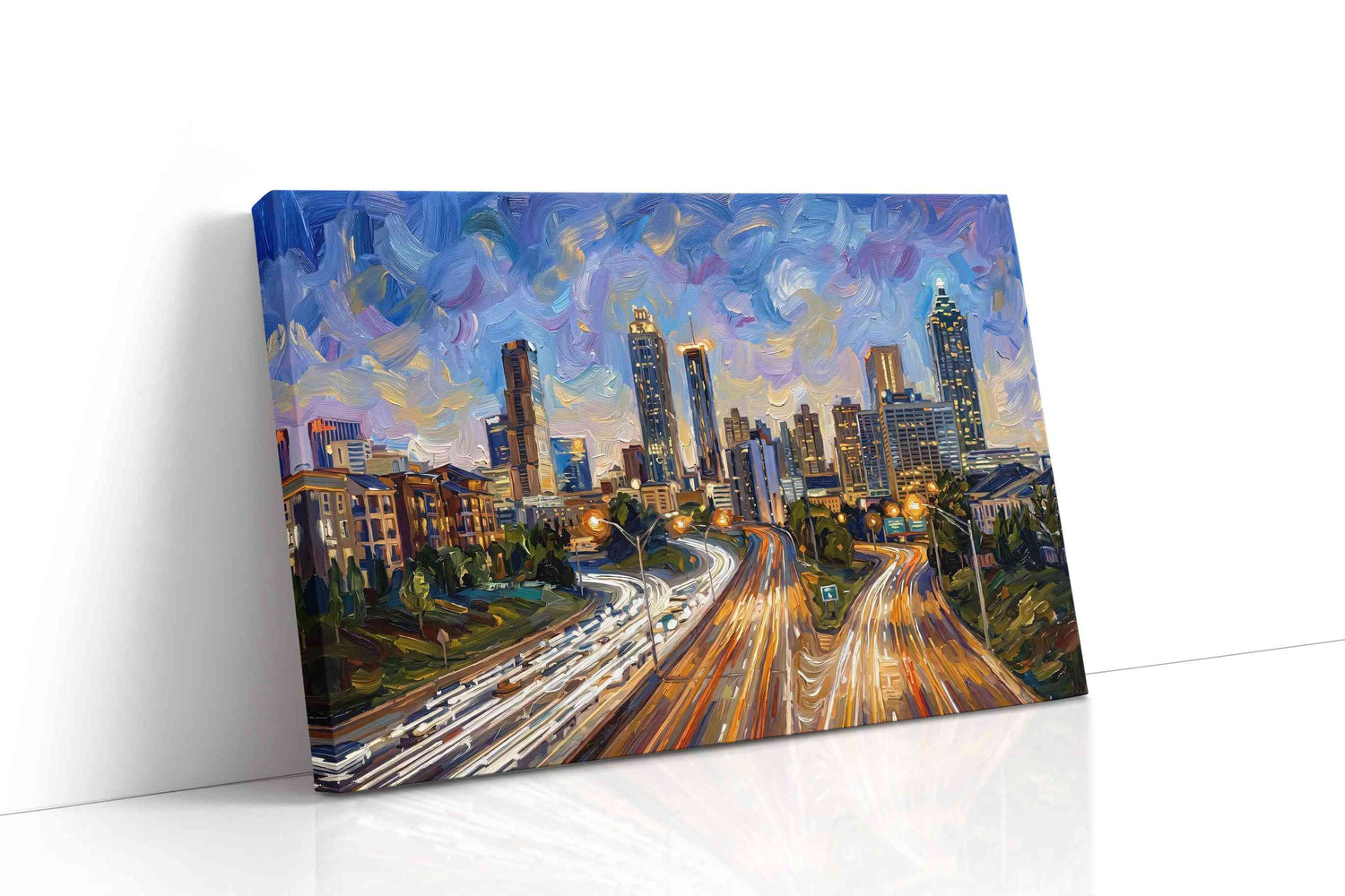 Vibrant City Whirl urban canvas print, gallery-wrapped, ready to hang