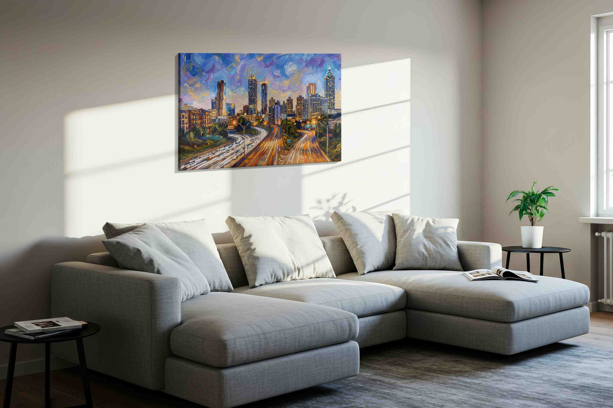 Vibrant City Whirl – urban canvas wall art, gallery-wrapped, ready to hang