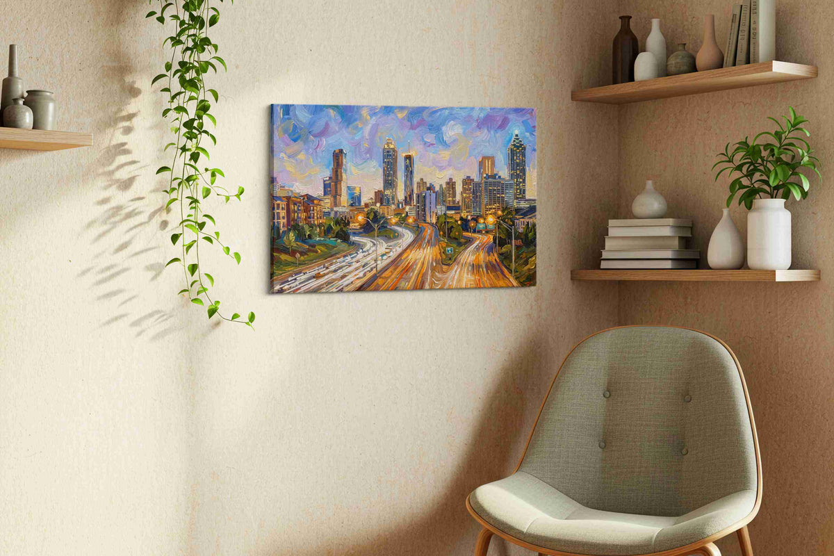 Vibrant City Whirl urban canvas print, displayed in a living room