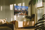 Vibrant City Whirl urban canvas print in a contemporary interior mockup