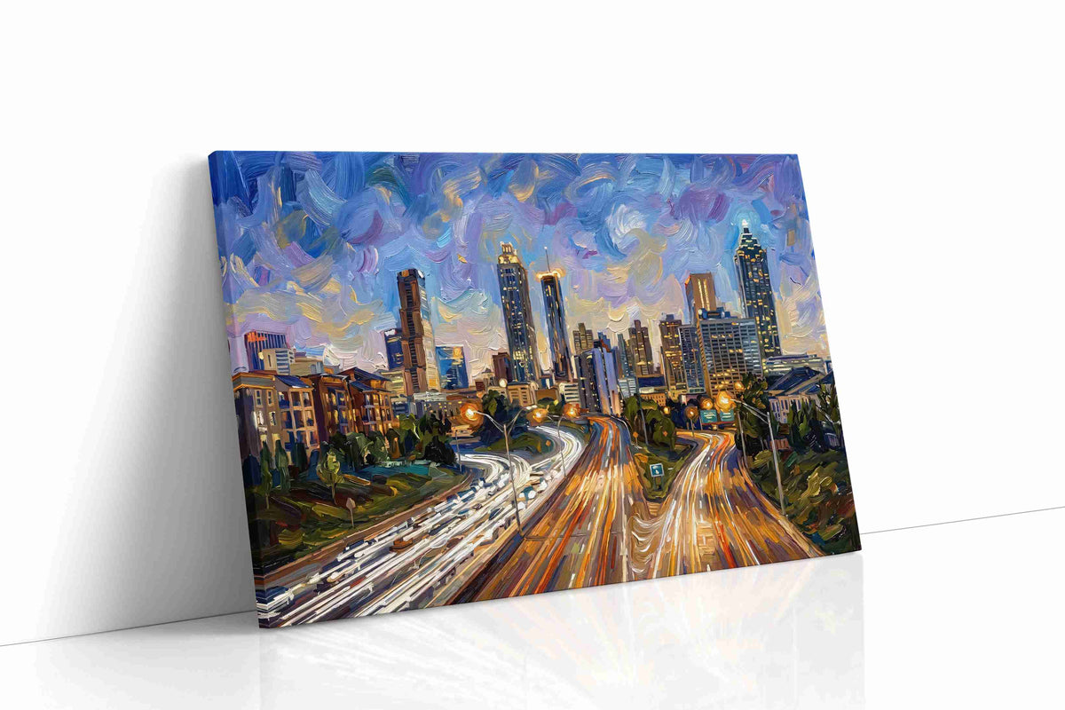 Vibrant City Whirl urban canvas print gallery-wrapped landscape canvas studio shot