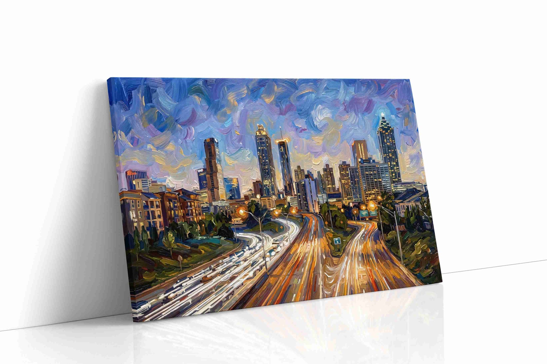 Vibrant City Whirl urban canvas print gallery-wrapped landscape canvas studio shot