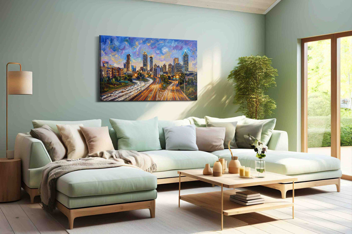Vibrant City Whirl urban canvas print, hanging on wall