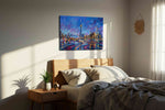 Vibrant Cityscape Symphony urban canvas print, displayed in a bedroom