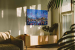 Vibrant Cityscape Symphony urban canvas print in a hung canvas mockup