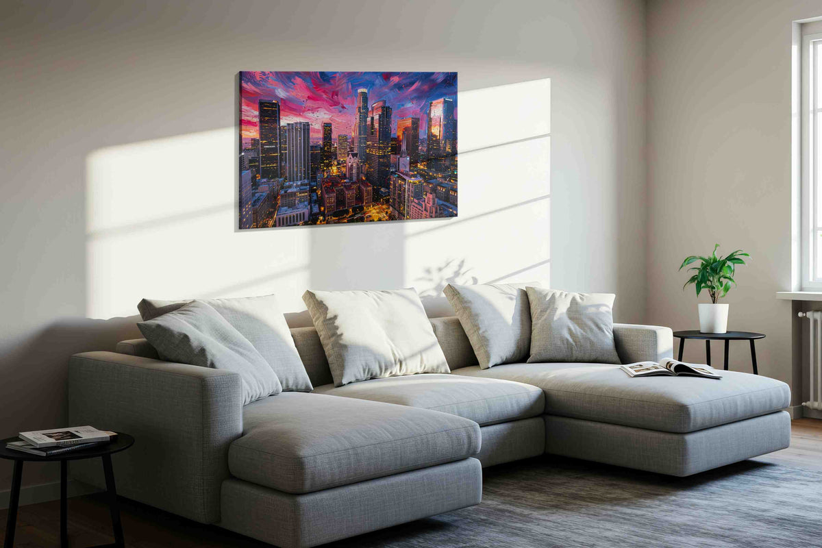 Vivid Cityscape Dusk urban canvas print, displayed in a living room