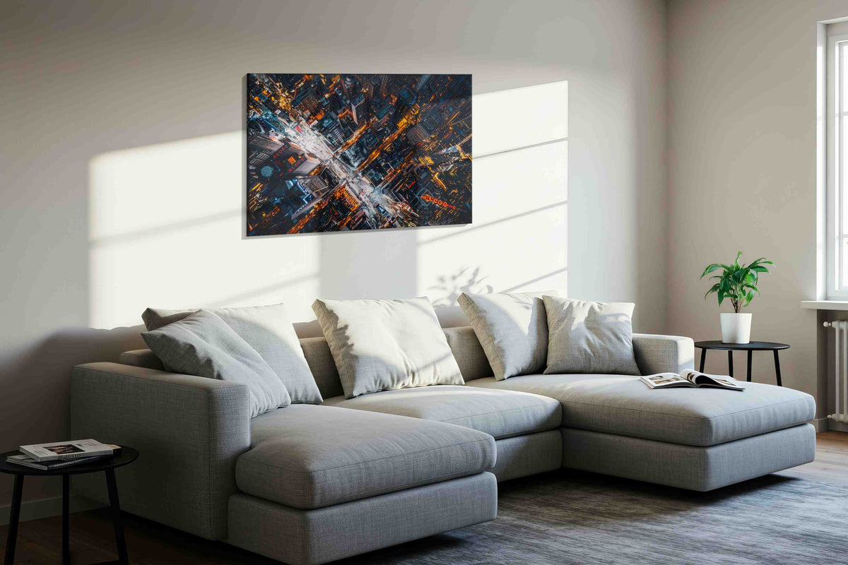 Vortex of the City Lights urban canvas print, displayed in a living room