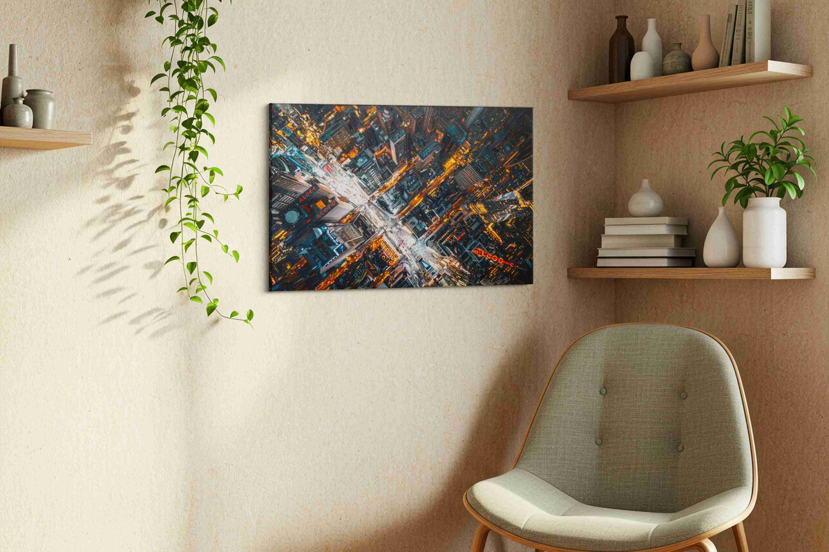 Vortex of the City Lights urban canvas print styled in a living room