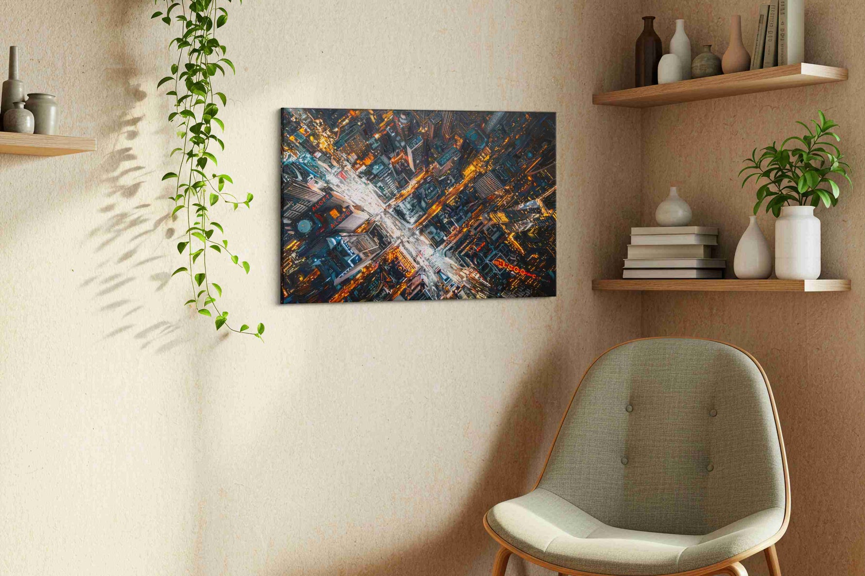 Vortex of the City Lights urban canvas print styled in a living room