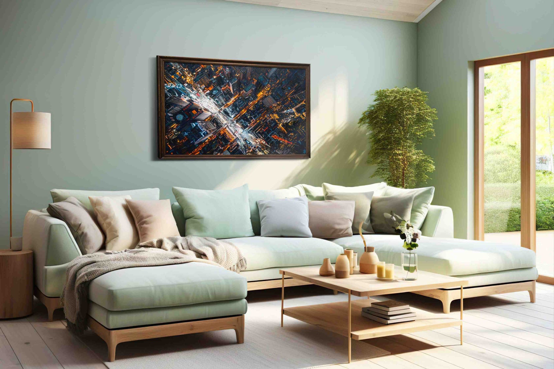 Vortex of the City Lights urban canvas print, hanging on wall