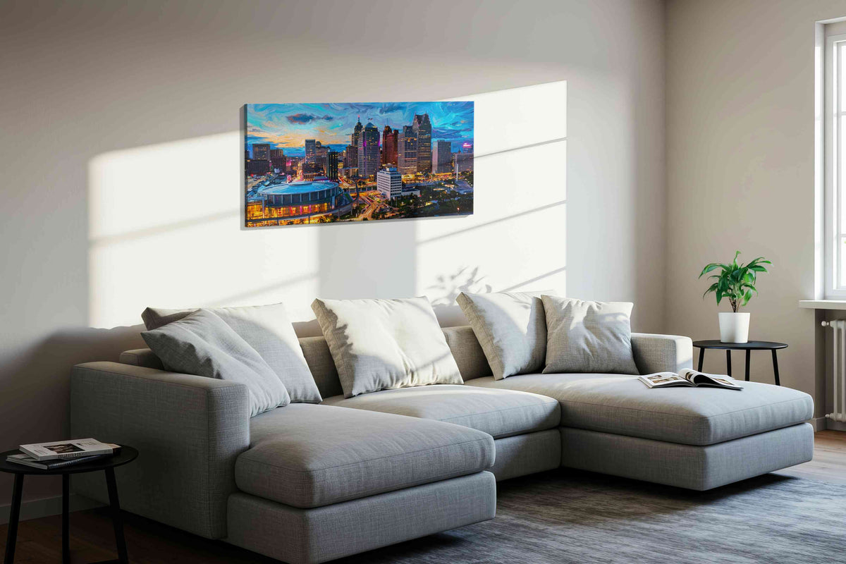 Whirling Urban Symphony urban canvas print in a living room scene