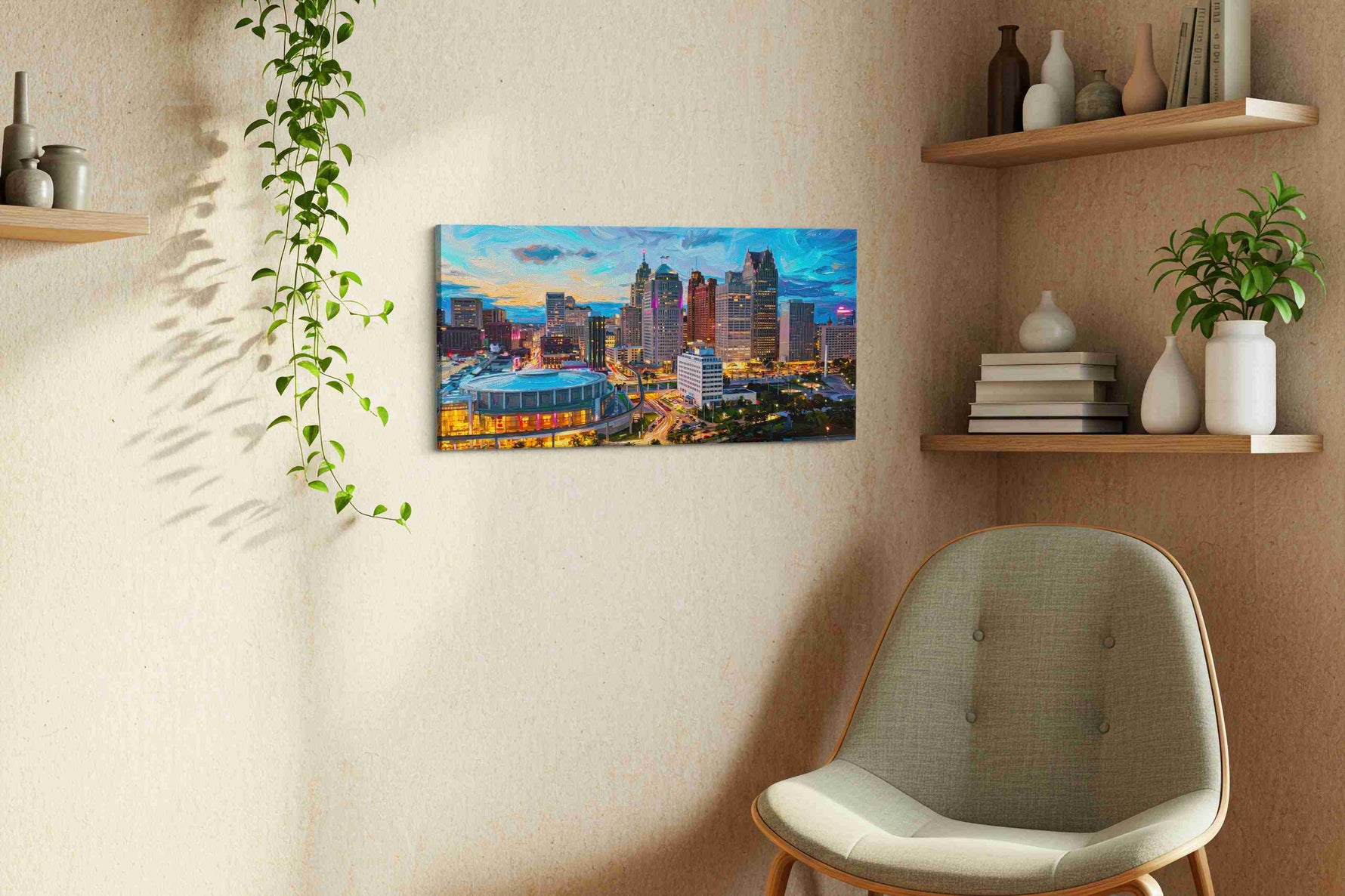 Whirling Urban Symphony urban canvas print, displayed in a living room