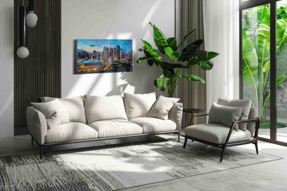 Whirling Urban Symphony urban canvas print in a modern interior mockup