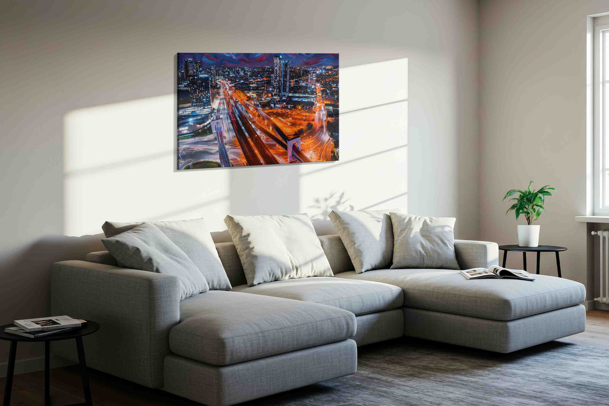 Whirlwind City Dreams urban canvas print in a living room scene