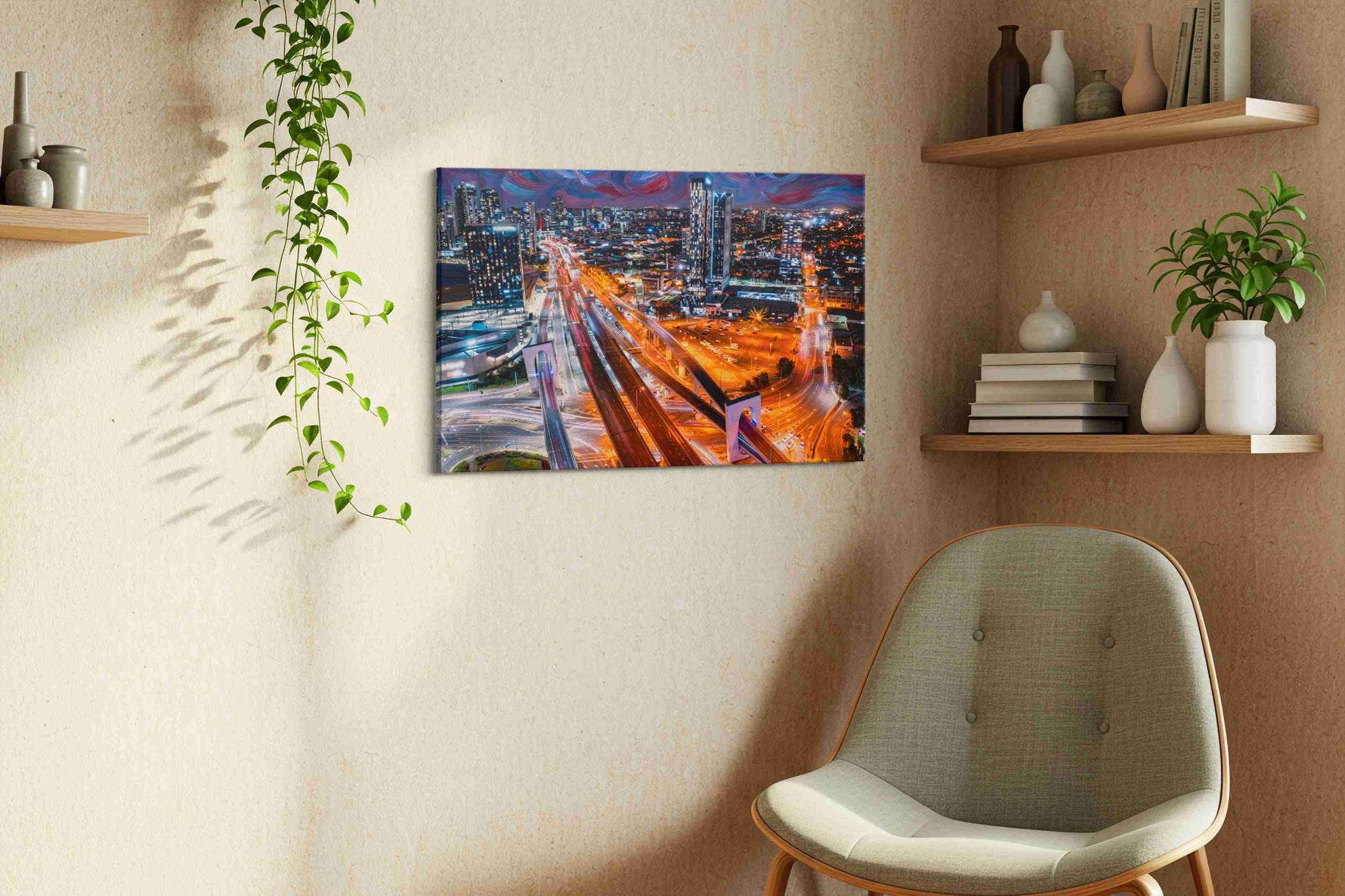 Whirlwind City Dreams urban canvas print, displayed in a living room