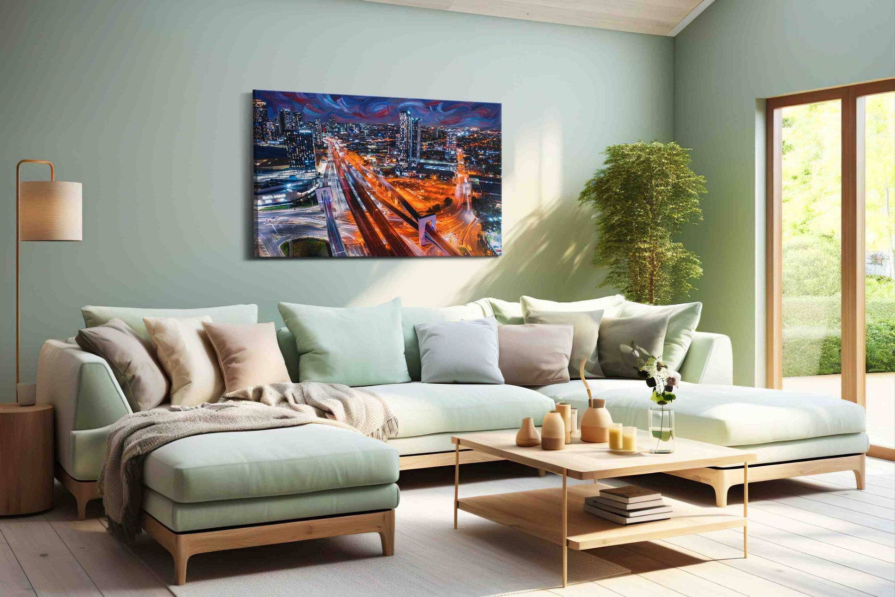 Whirlwind City Dreams urban canvas print, hanging on wall