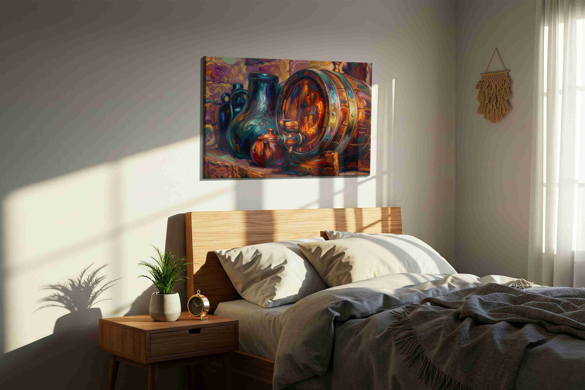 Whispers of Aged Oak wine canvas print, displayed in a bedroom