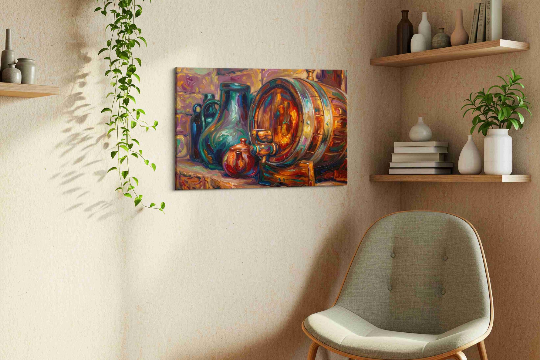 Whispers of Aged Oak wine canvas print in a living room scene