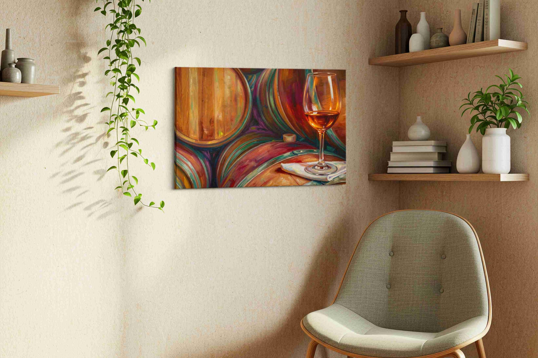 Barrel Reflections – wine canvas wall art, gallery-wrapped, ready to hang