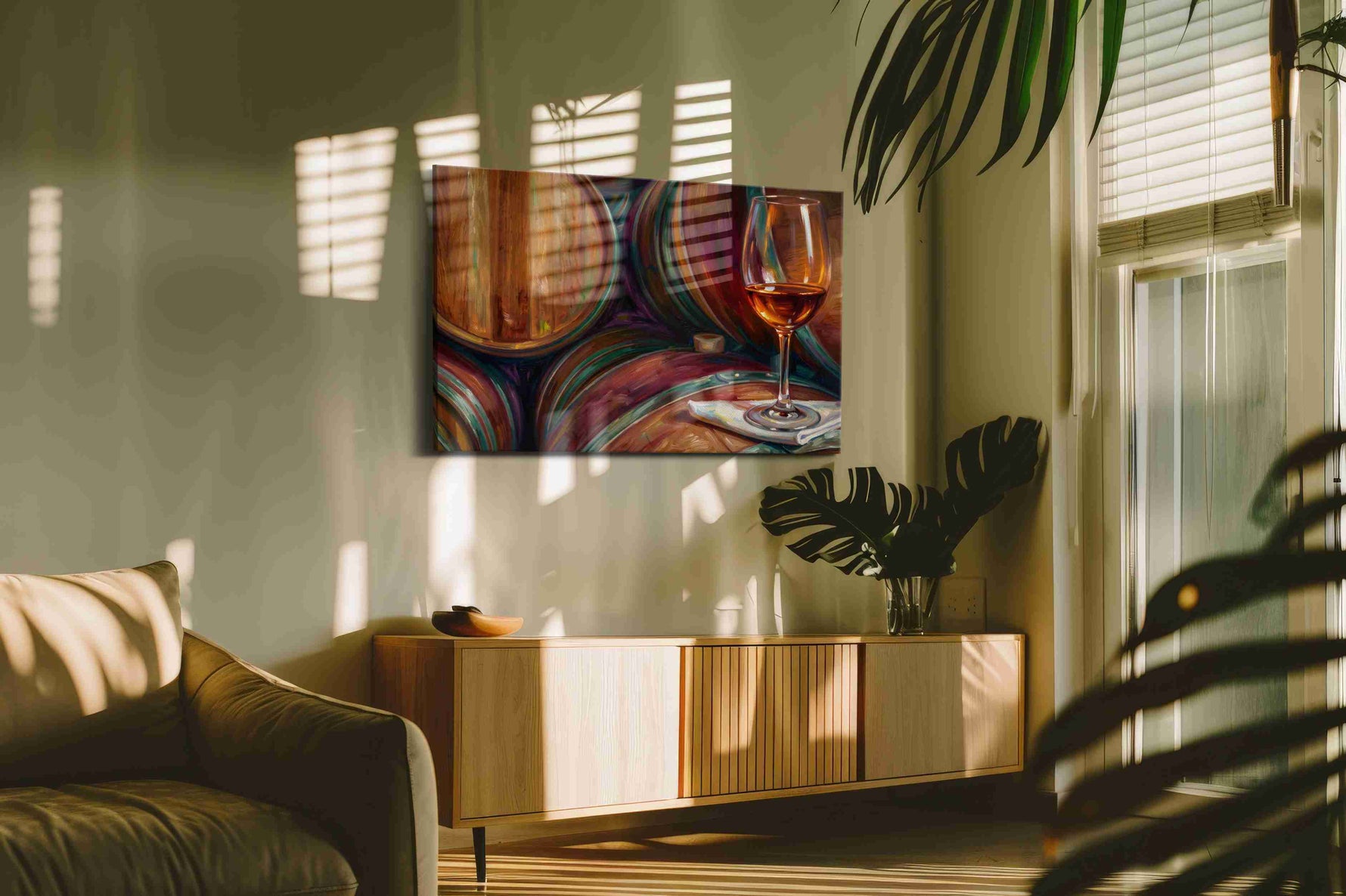 Barrel Reflections wine canvas print, on wall, lifestyle preview