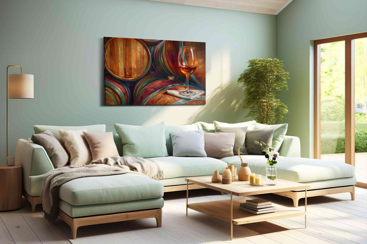 Barrel Reflections wine canvas print, hanging on wall