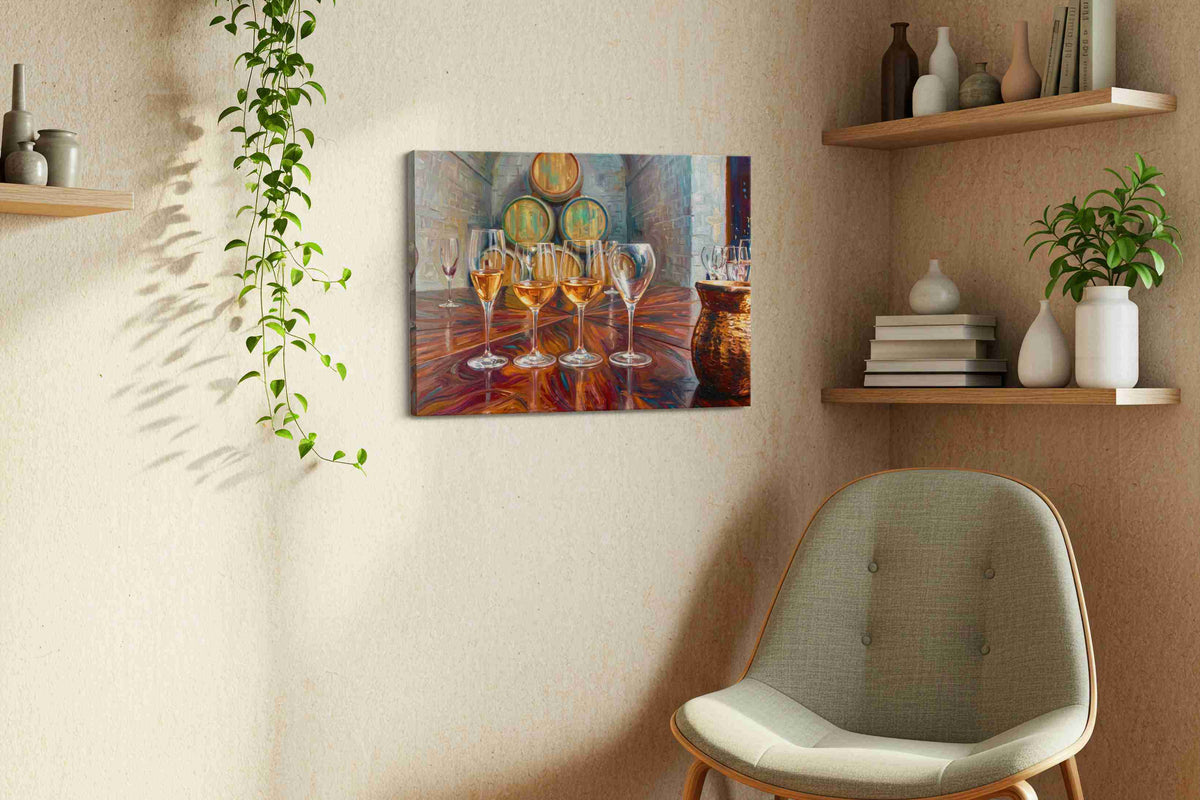 Barrel Room Reflections wine canvas print styled in a living room