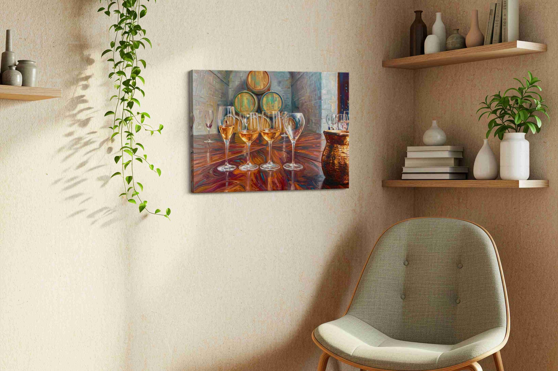 Barrel Room Reflections wine canvas print styled in a living room