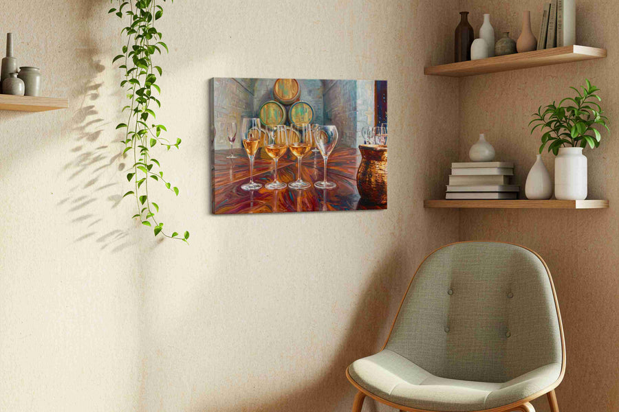Barrel Room Reflections wine canvas print styled in a living room