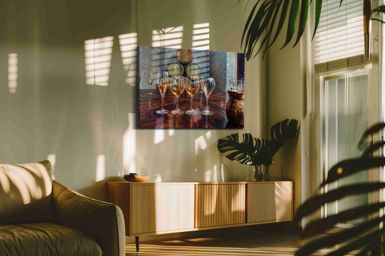 Barrel Room Reflections – wine canvas wall art, gallery-wrapped, ready to hang