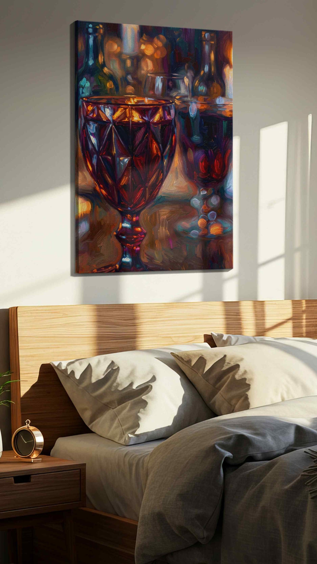 Candlelit Reflections wine canvas print, displayed in a bedroom
