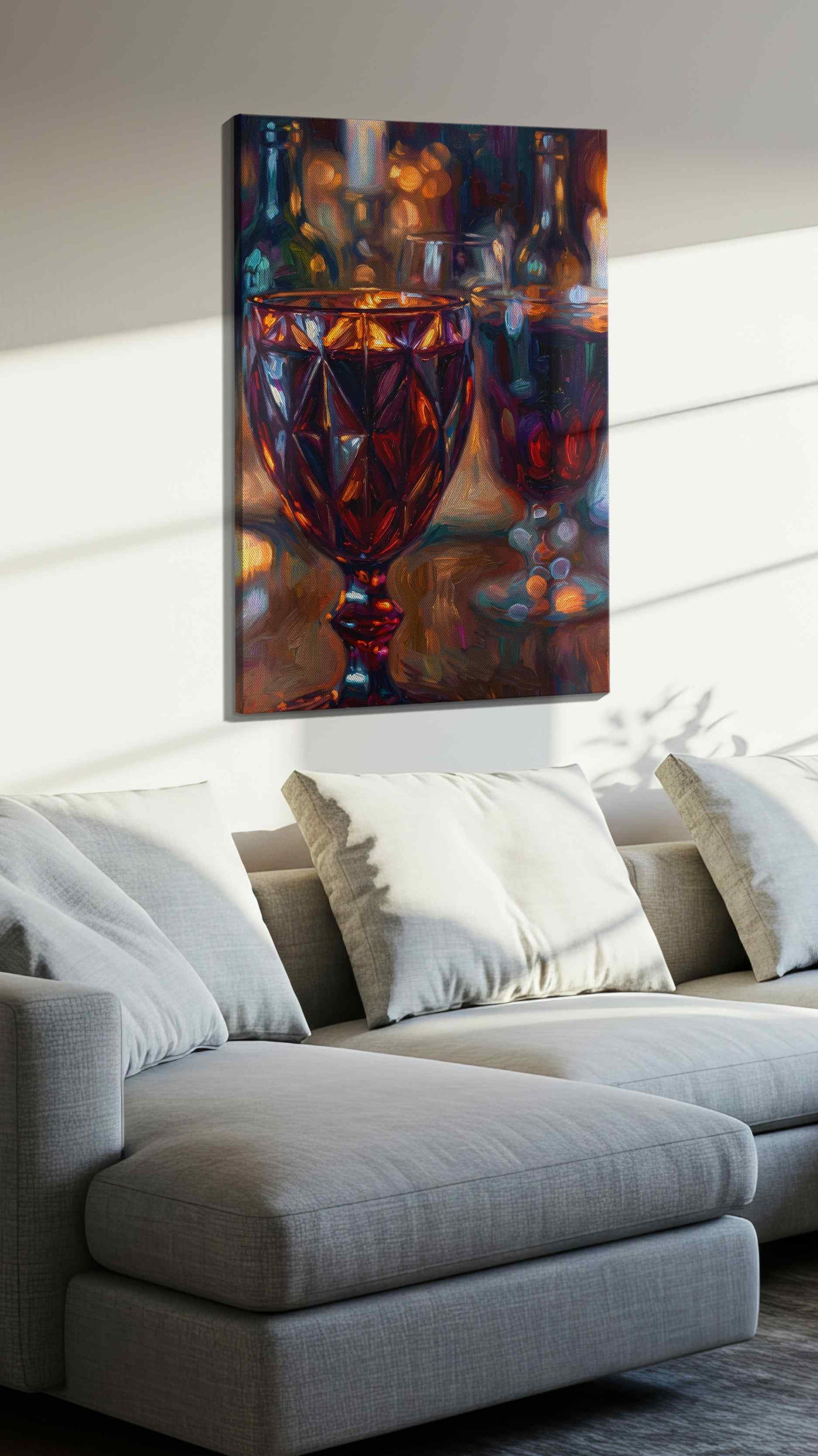 Candlelit Reflections – wine canvas wall art, gallery-wrapped, ready to hang