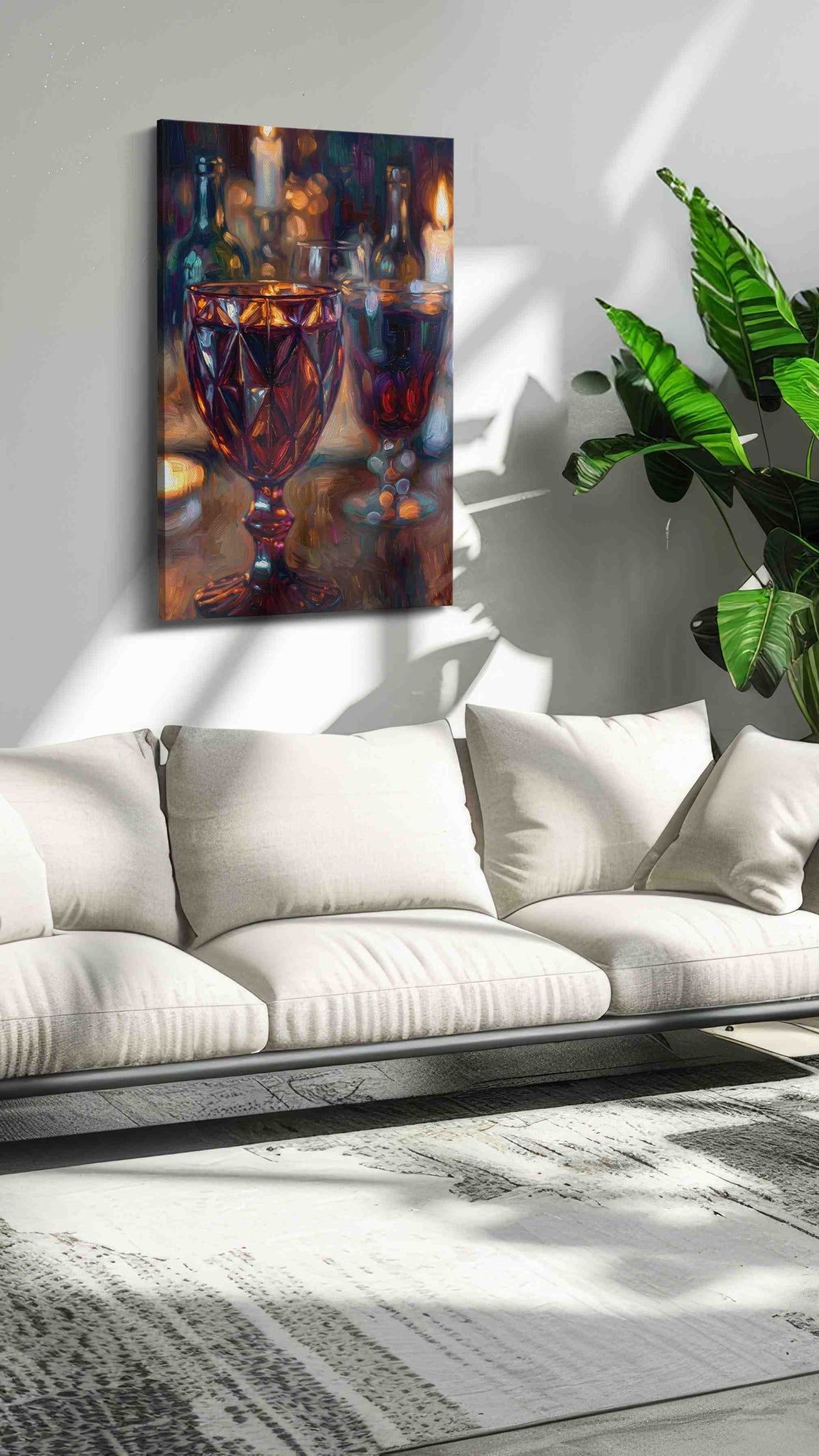 Candlelit Reflections wine canvas print, on wall, lifestyle preview