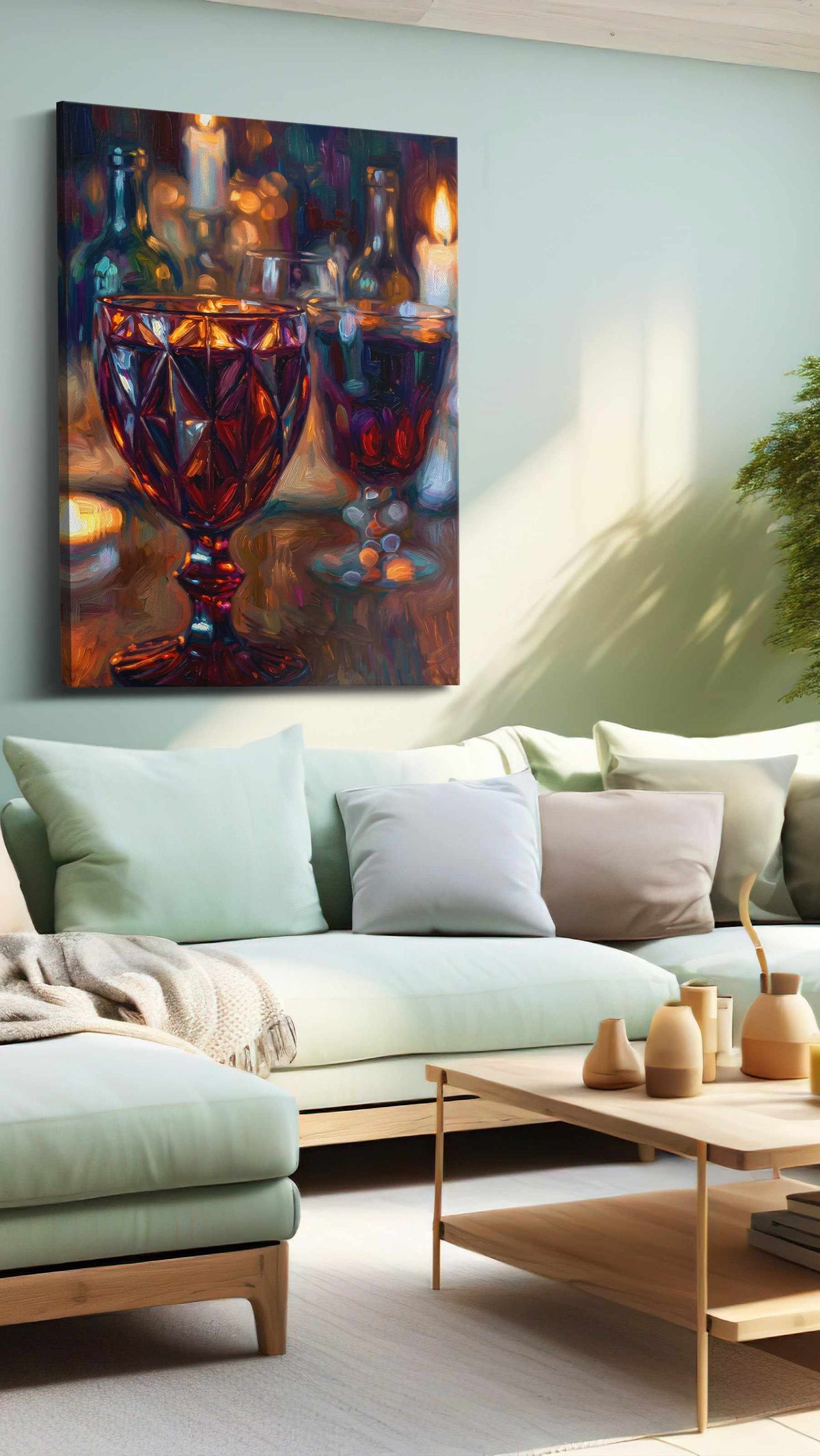 Candlelit Reflections wine canvas print, hanging on wall