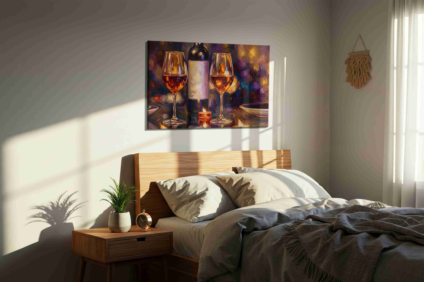 Charmed by Candlelight wine canvas print, displayed in a bedroom