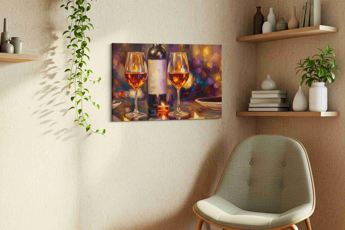 Charmed by Candlelight wine canvas print, displayed in a living room